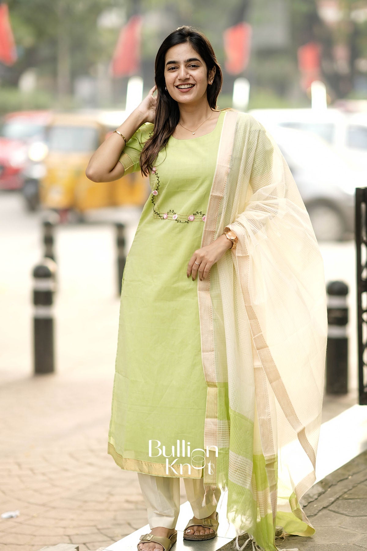 Amodini Lime Green Mangalagiri Cotton Suit Set
