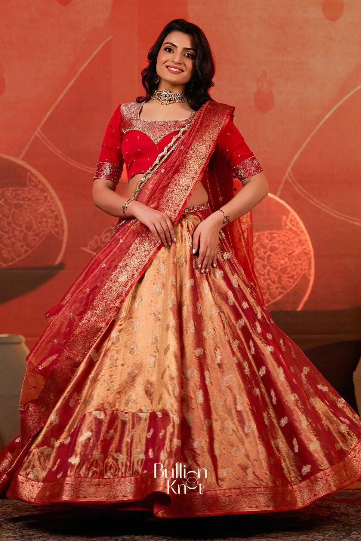 Amulya Tissue Zari Red Lehenga Set