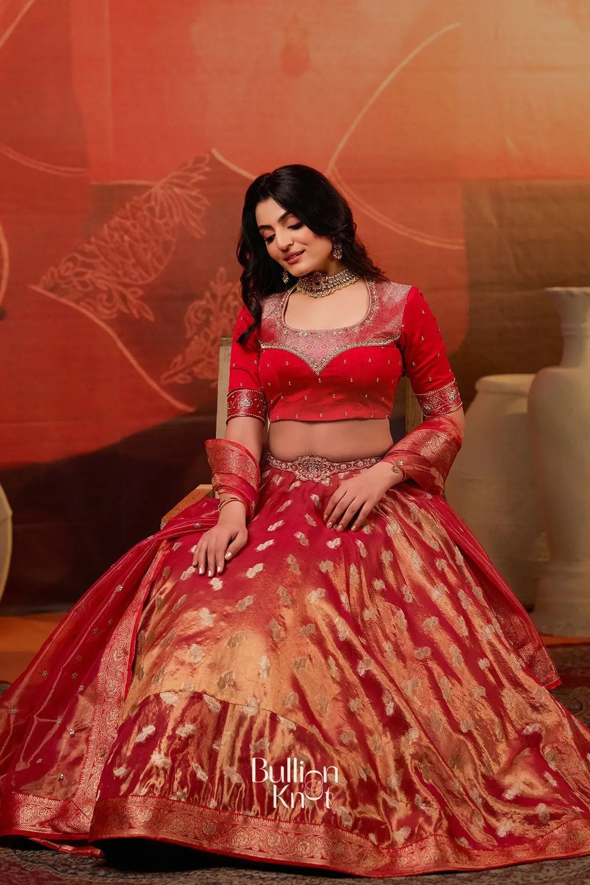 Amulya Tissue Zari Red Lehenga Set