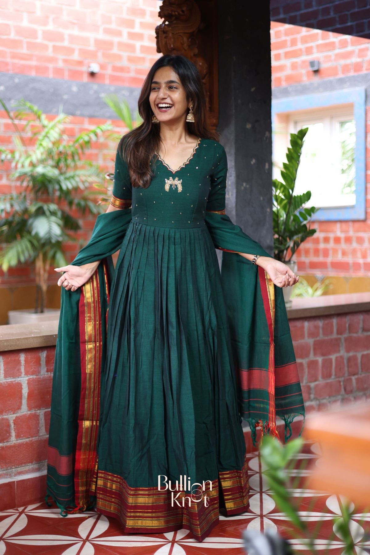 Bunaai Handloom Green Anarkali Dress Suit Set