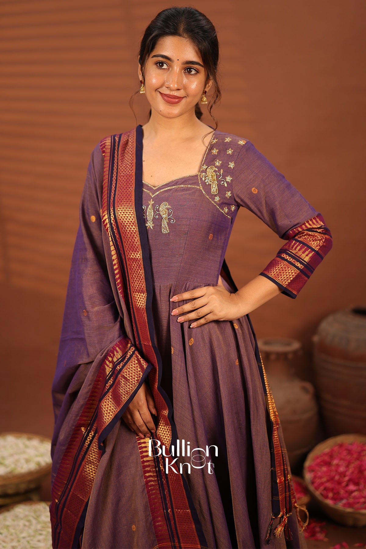 Chakravarti | Handloom Anarkali Suit Set in Dusty Purple