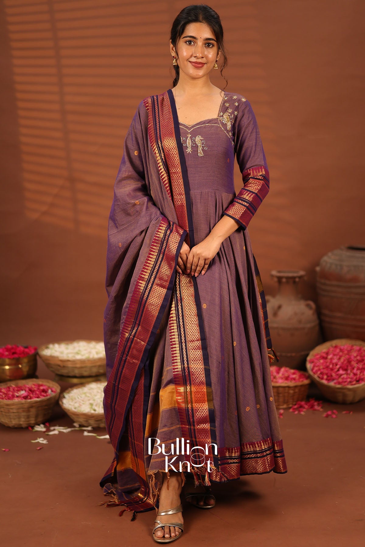 Chakravarti | Handloom Anarkali Suit Set in Dusty Purple
