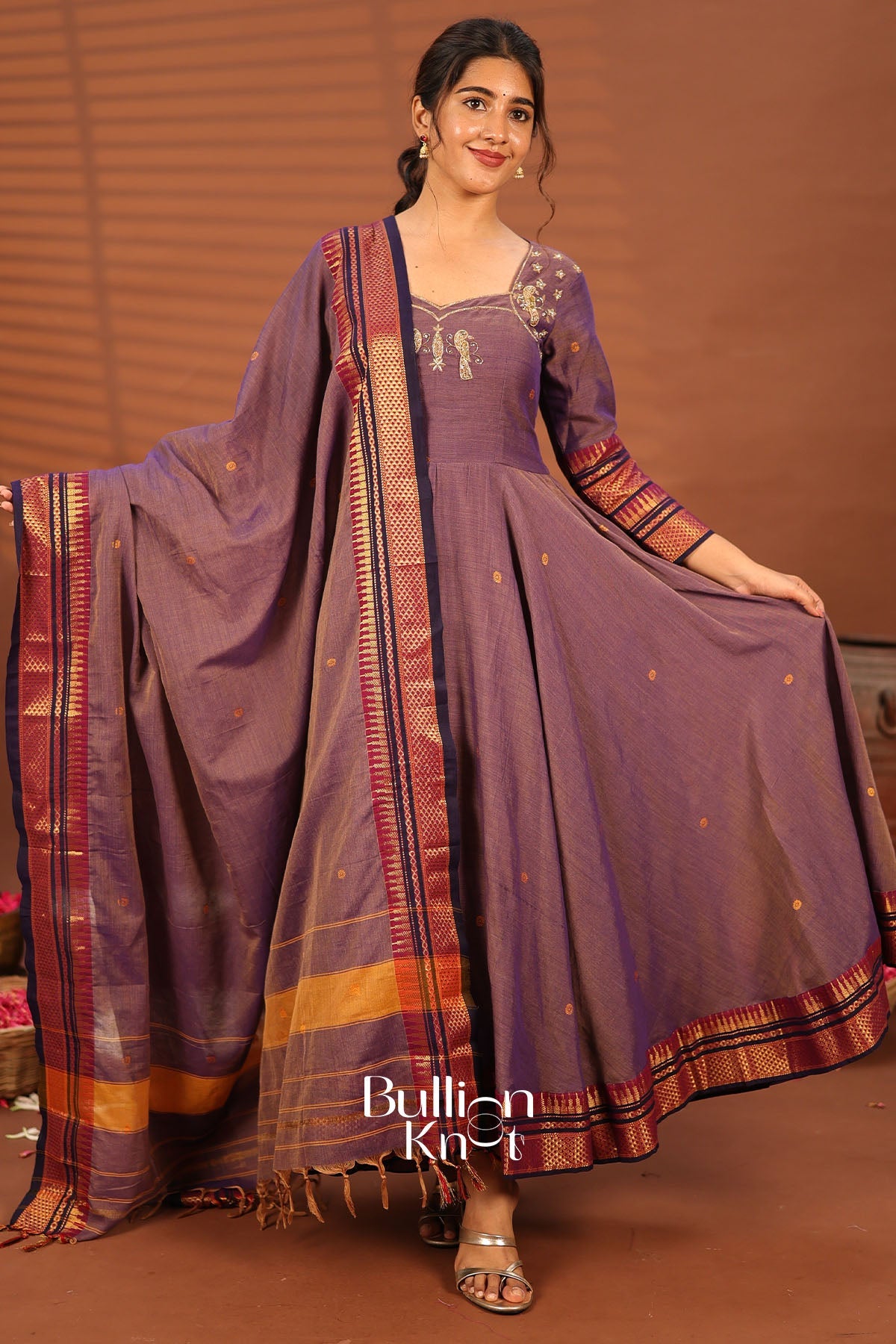 Chakravarti | Handloom Anarkali Suit Set in Dusty Purple