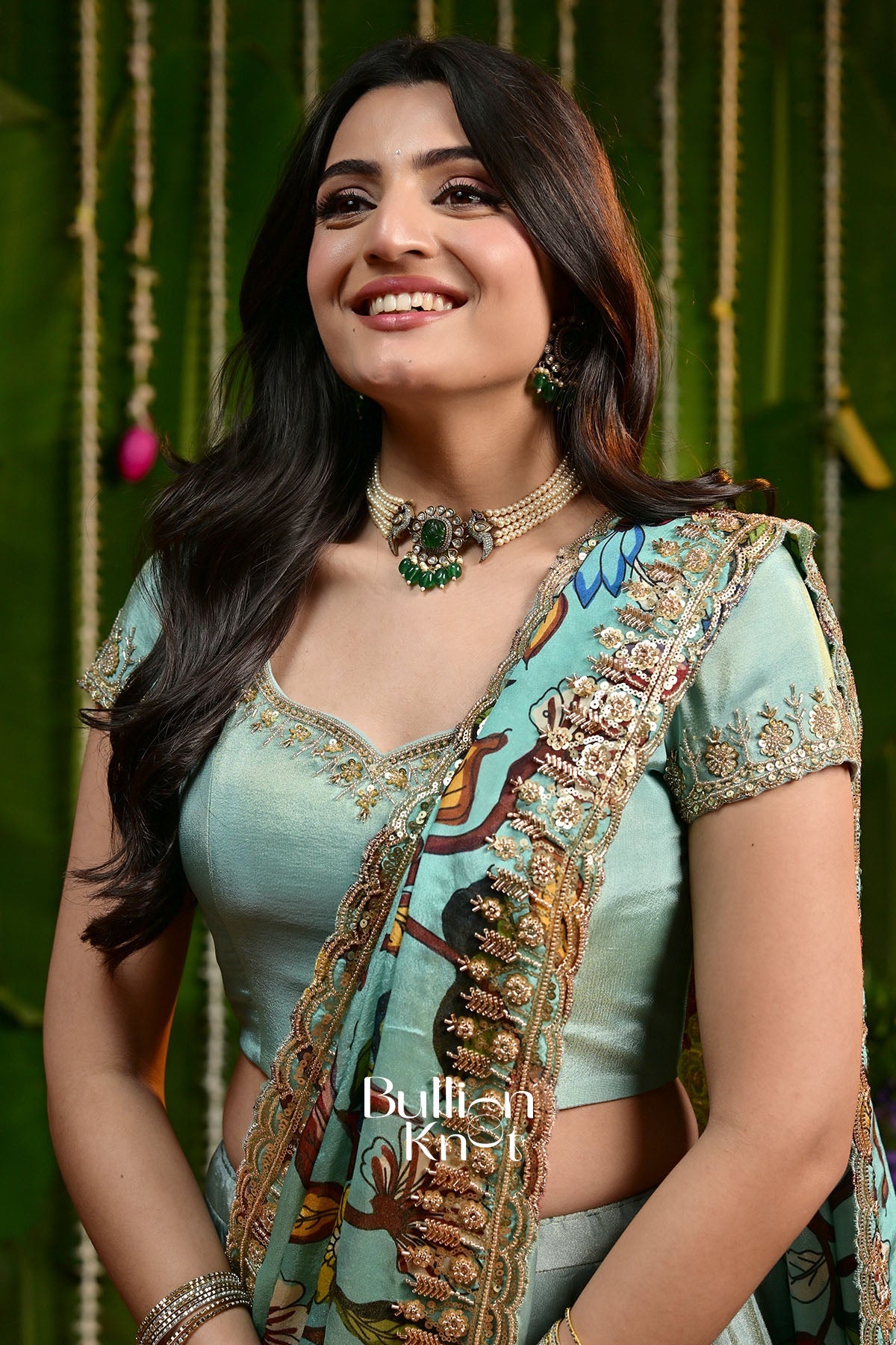 Dakshina | Aqua Blue Golden Tissue Lehenga Set by Bullionknot