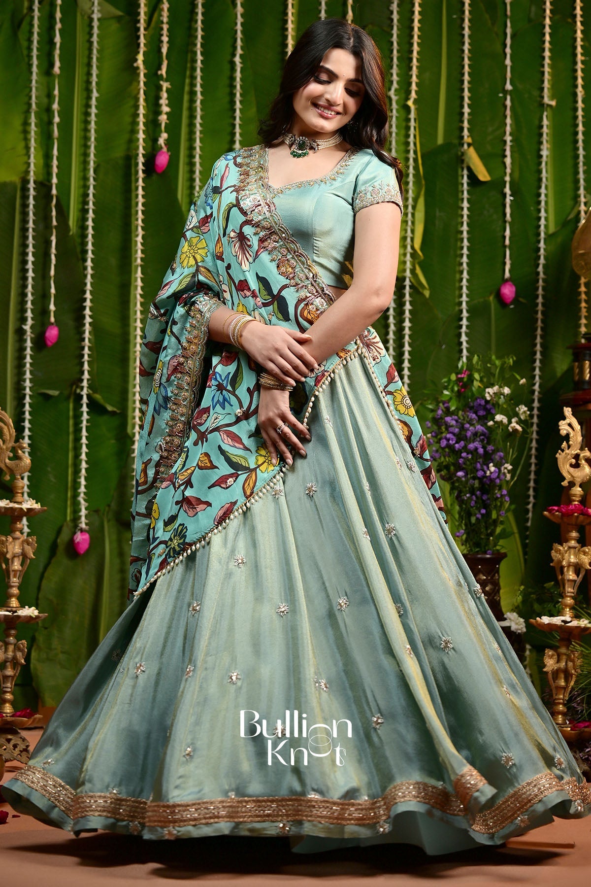Dakshina | Aqua Blue Golden Tissue Lehenga Set by Bullionknot