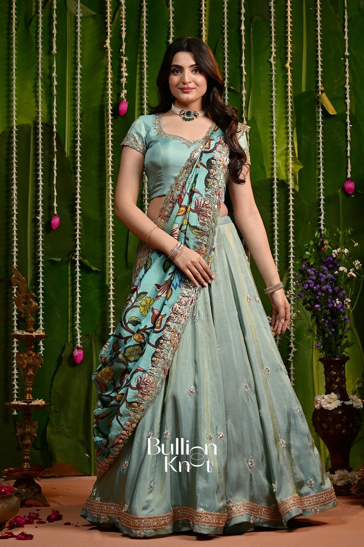 Dakshina | Aqua Blue Golden Tissue Lehenga Set by Bullionknot