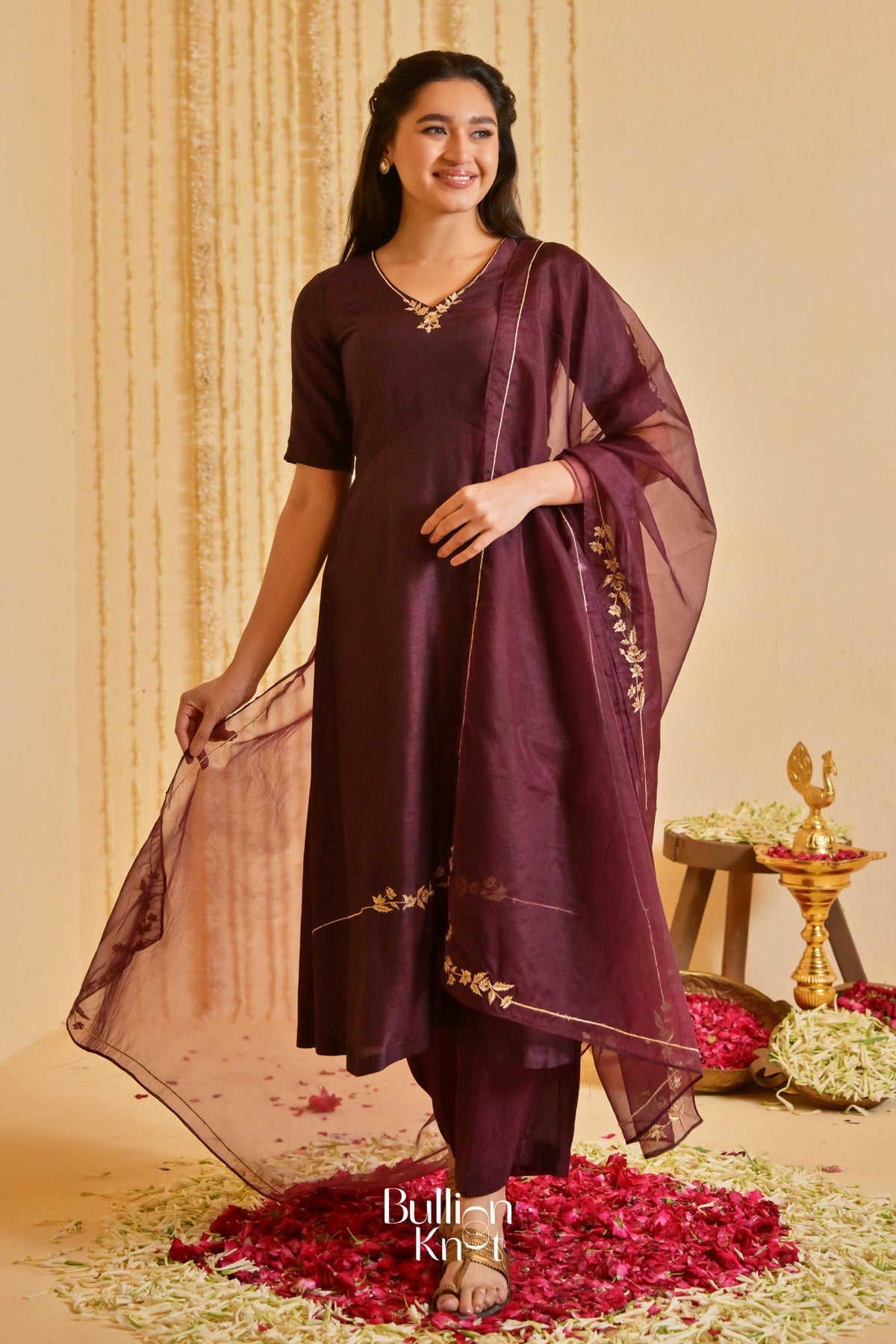 Deepvanika silk Brown Three-quarter Sleeves Suit Set (Dress)