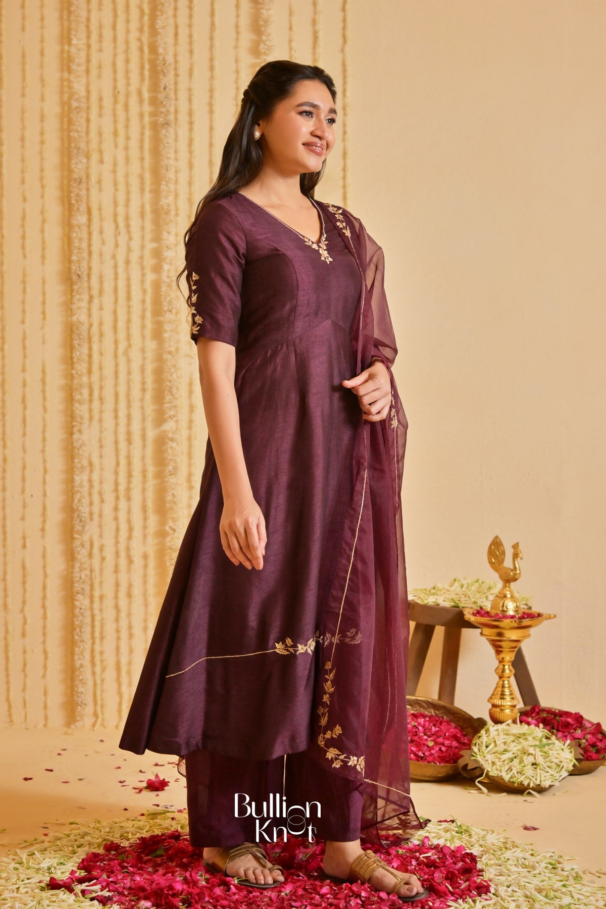 Deepvanika silk Brown Three-quarter Sleeves Suit Set (Dress)