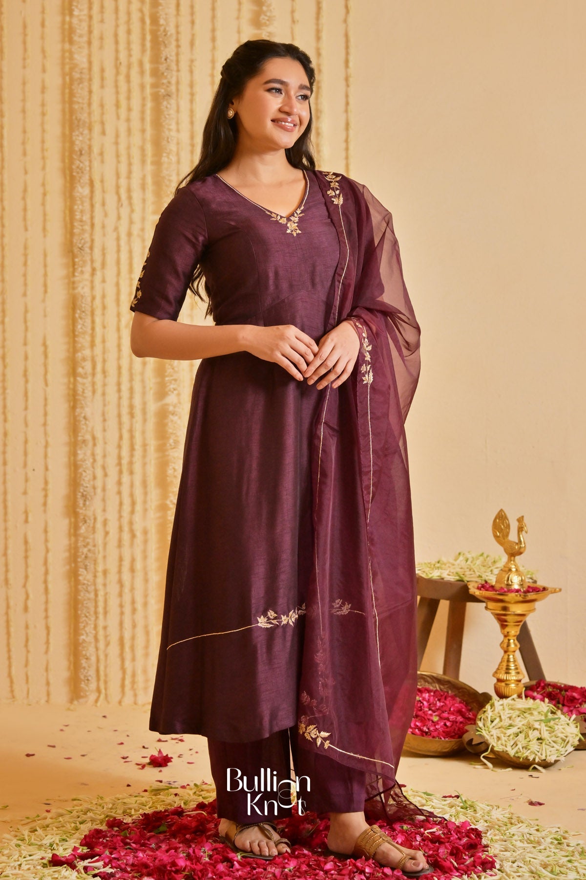 Deepvanika silk Brown Three-quarter Sleeves Suit Set (Dress)