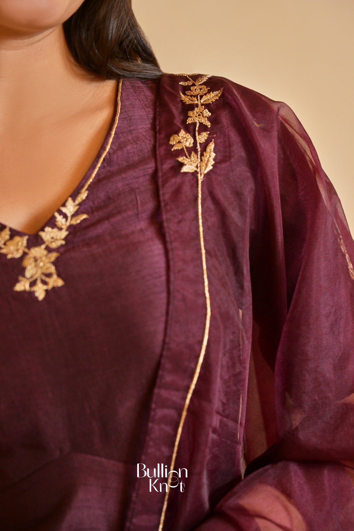 Deepvanika silk Brown Three-quarter Sleeves Suit Set (Dress)