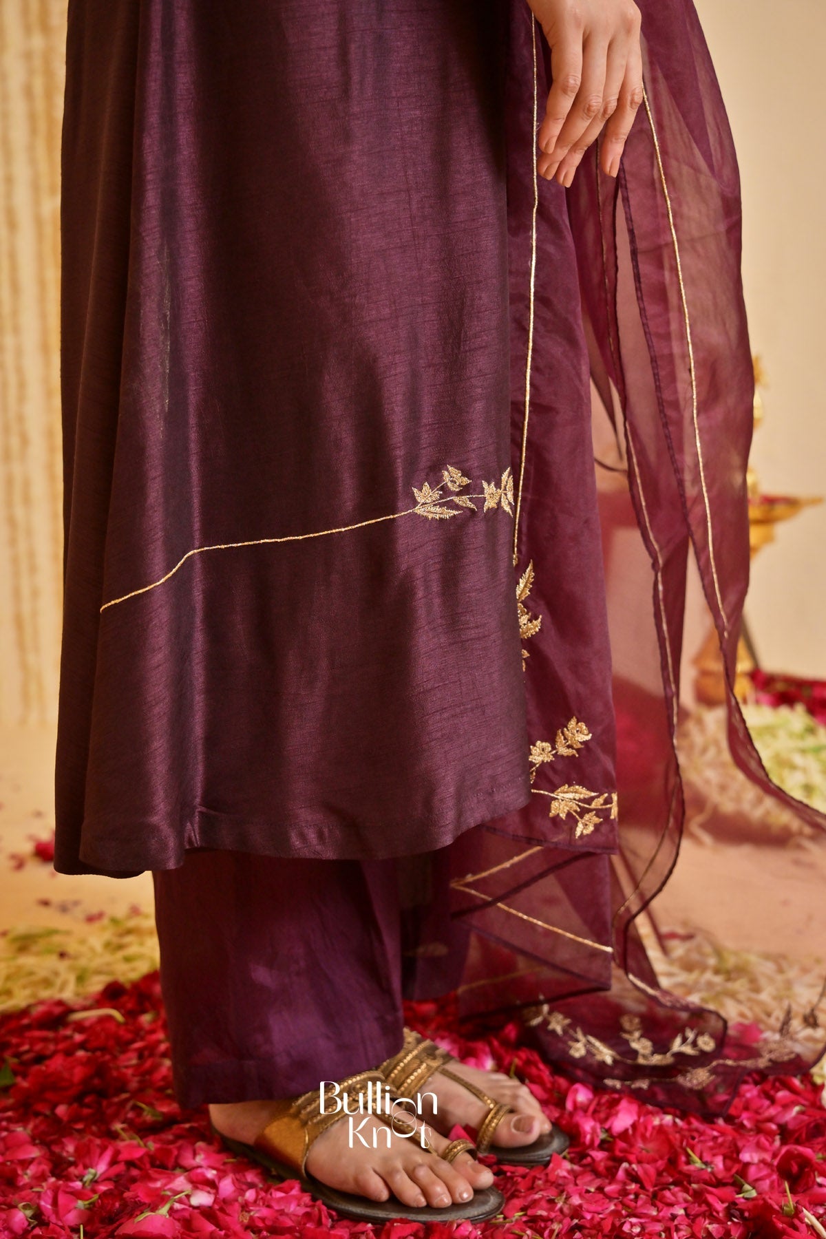 Deepvanika silk Brown Three-quarter Sleeves Suit Set (Dress)