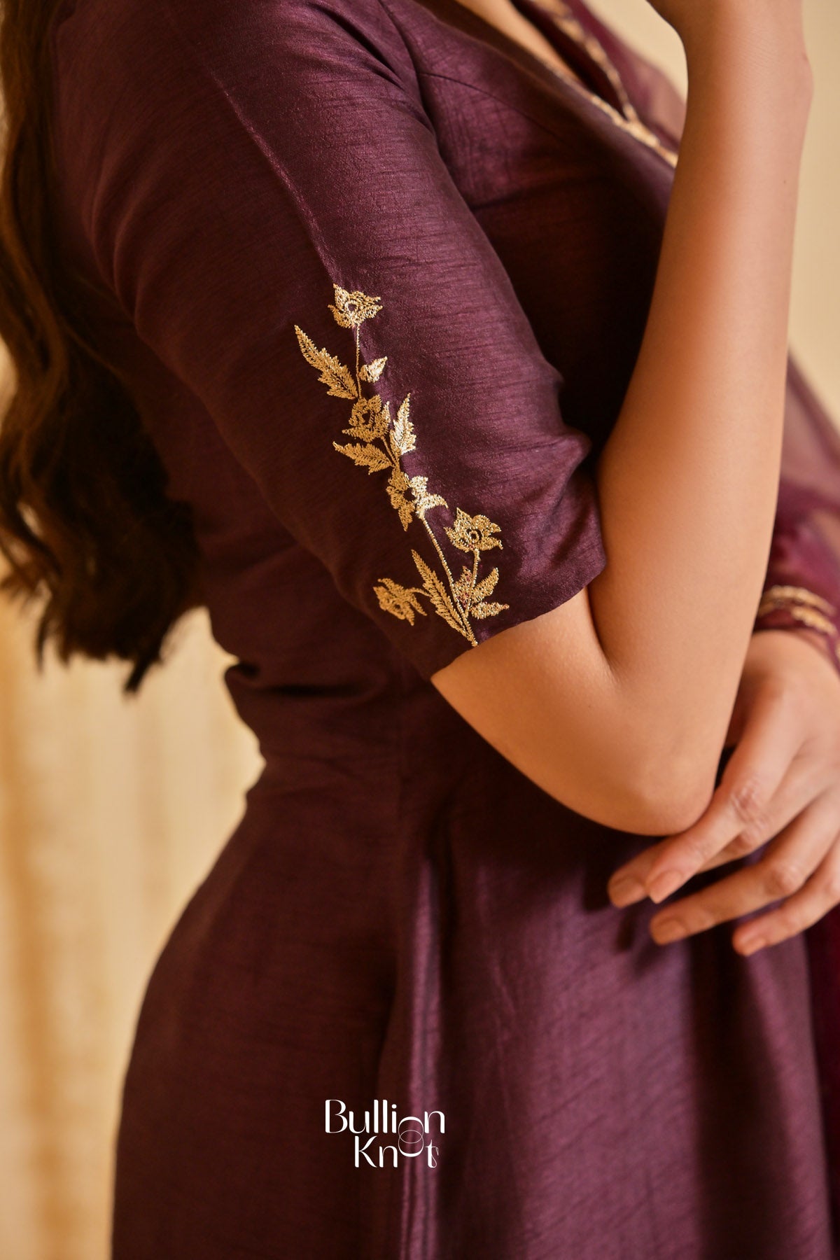 Deepvanika silk Brown Three-quarter Sleeves Suit Set (Dress)