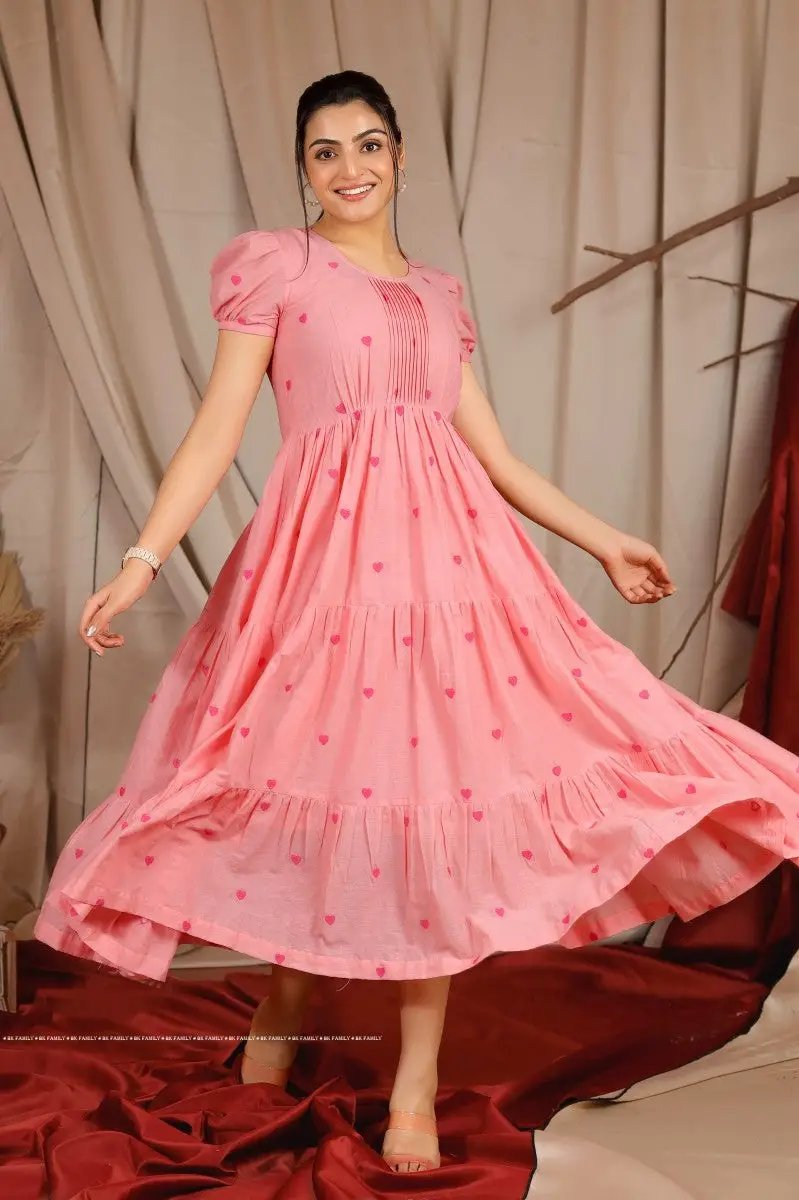 Blowsy Summer Midi Dress - Cotton with Heart Motif