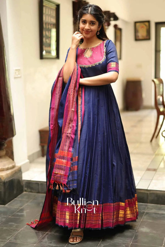 Chandrakala Royal Blue Handloom Anarkali Dress Set by Bullionknot
