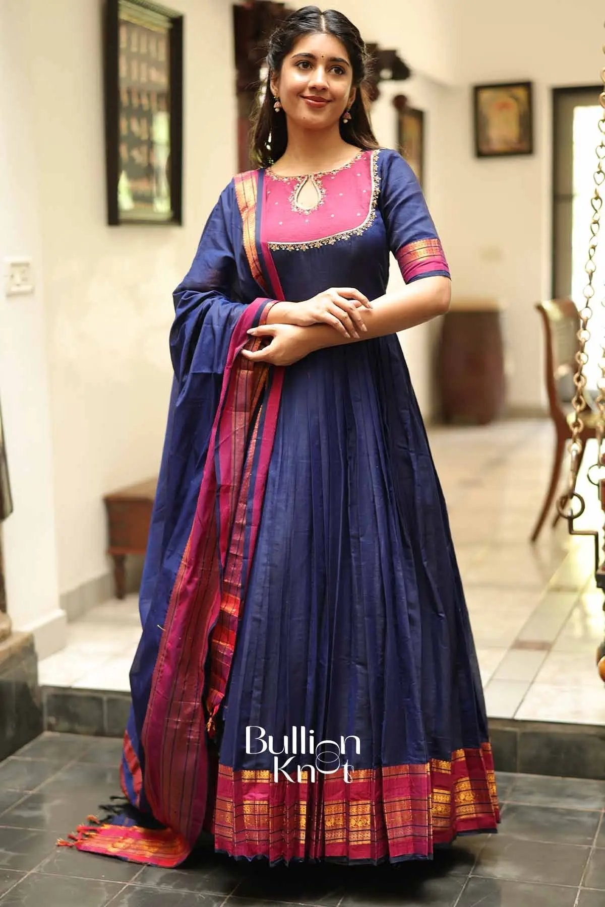 Chandrakala Royal Blue Handloom Anarkali Dress Set by Bullionknot