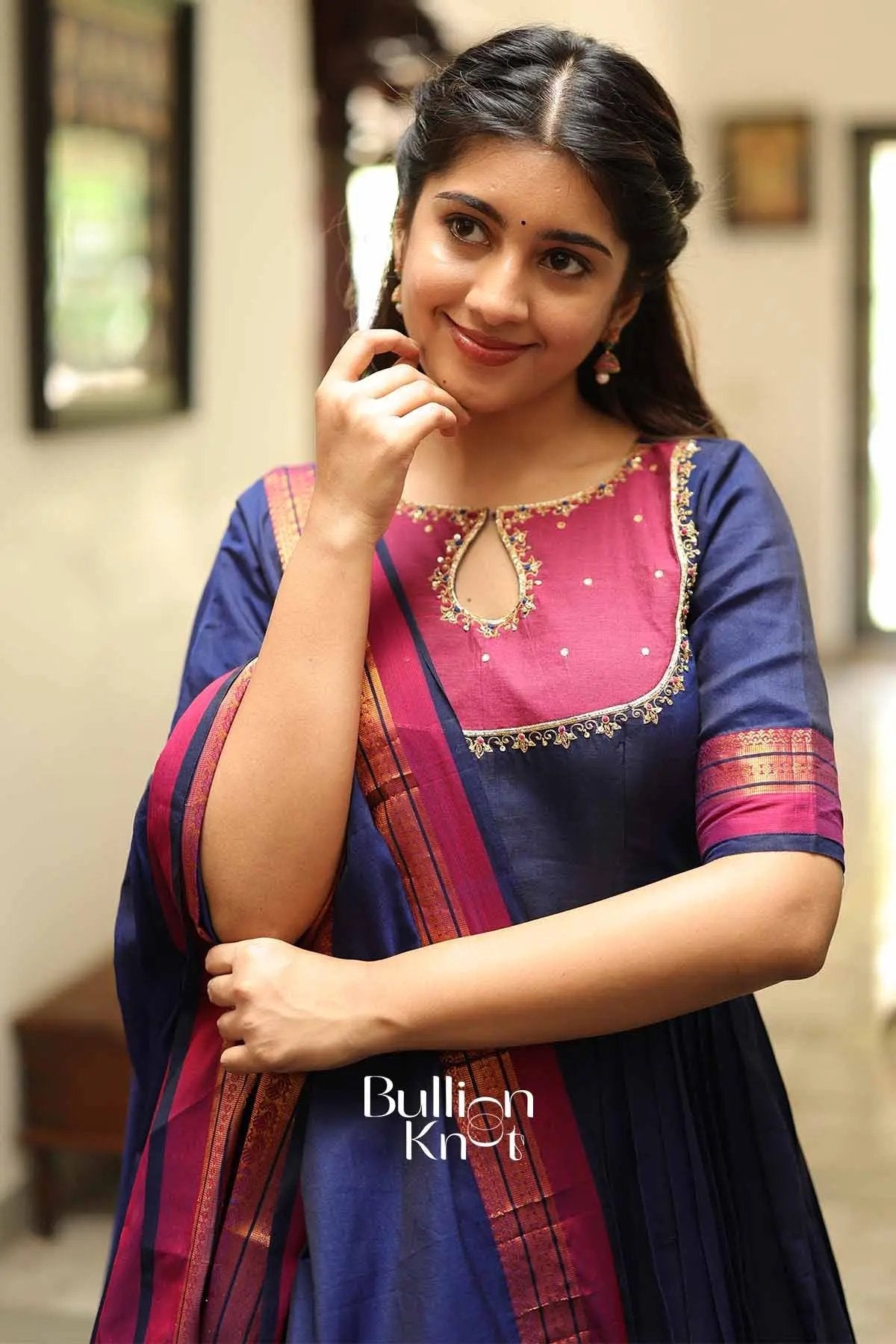 Chandrakala Royal Blue Handloom Anarkali Dress Set by Bullionknot