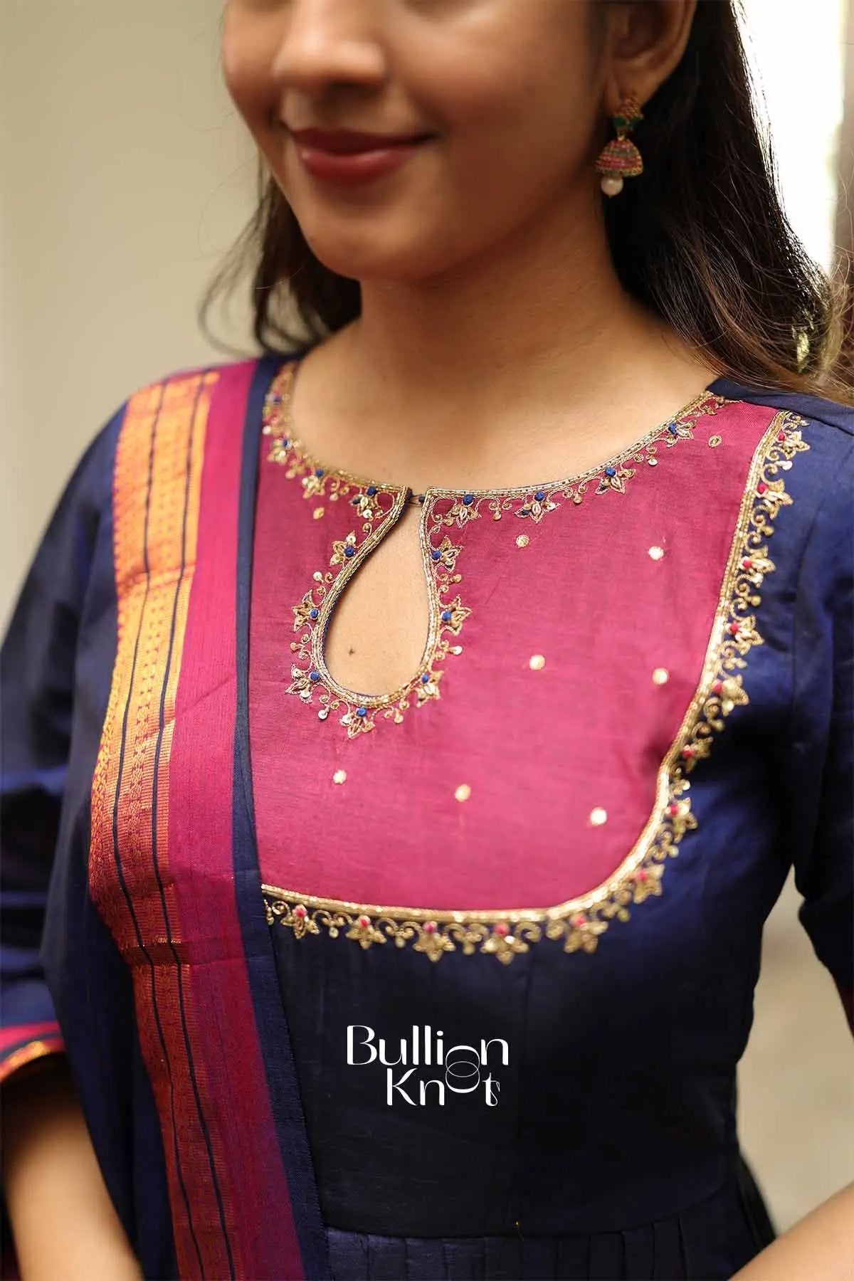 Chandrakala Royal Blue Handloom Anarkali Dress Set by Bullionknot