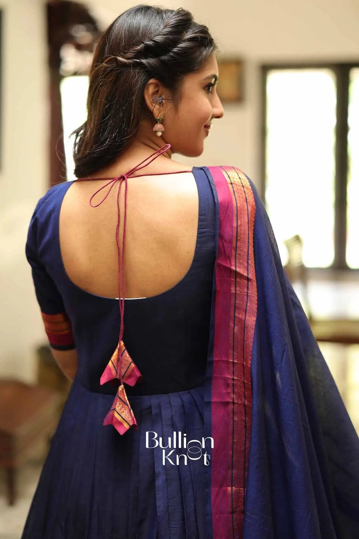 Chandrakala Royal Blue Handloom Anarkali Dress Set by Bullionknot
