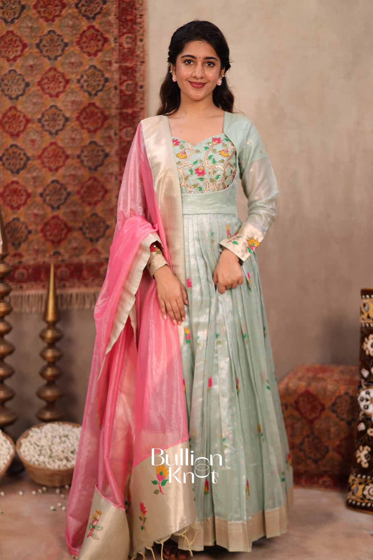 Durga | Sea Green Pattu Dress for Women | Festive Ethnic Wear Anarkali Suit